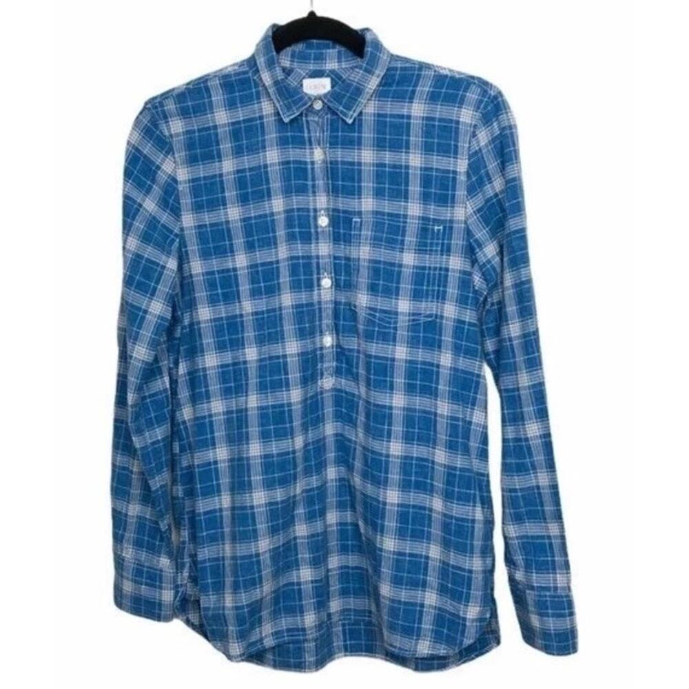 J Crew Factory Blue Plaid Boy Fit Partial Button Up Popover Long Sleeve Shirt XS